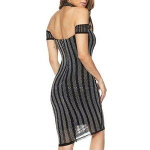 Banjul Bodycon Choker Striped Studded Dress Black Silver Size Medium NWT
